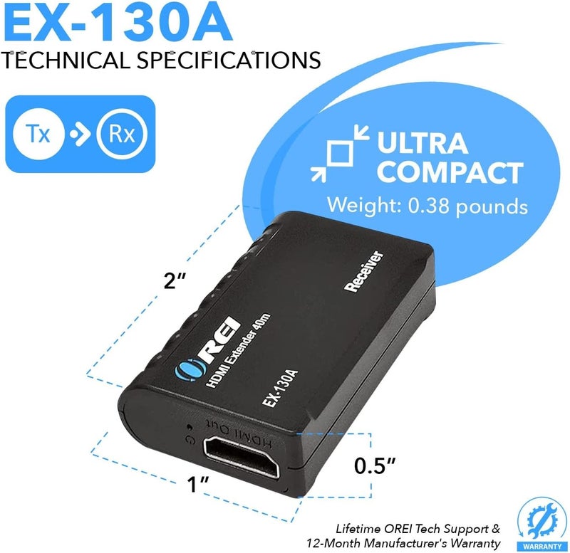 OREI HDMI Over Ethernet Extender– HDMI 1.4 with 1080p@60Hz Resolution, Power Over Cable - HDMI Over CAT6 Extension Up to 131 feet (EX-130A) - Image 5